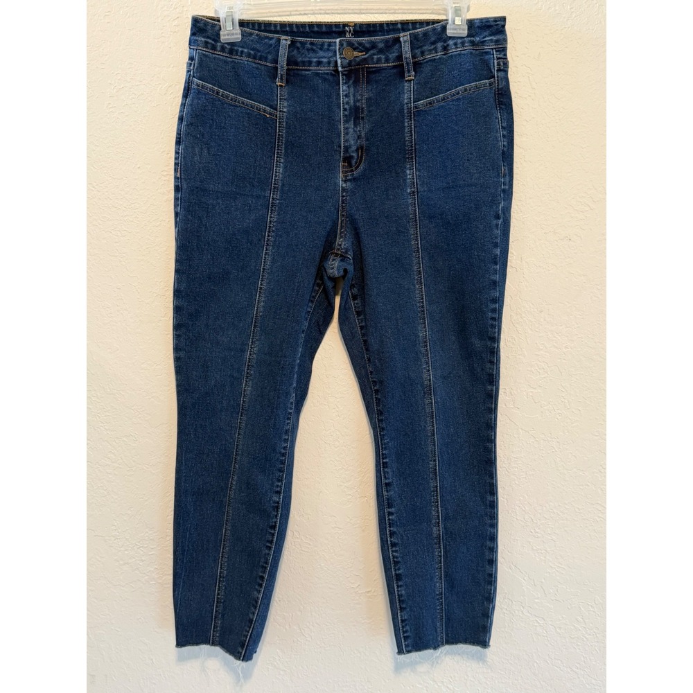 New York & Company Seamed Front Raw Hem Skinny Jeans Dark Wash Blue Size 14